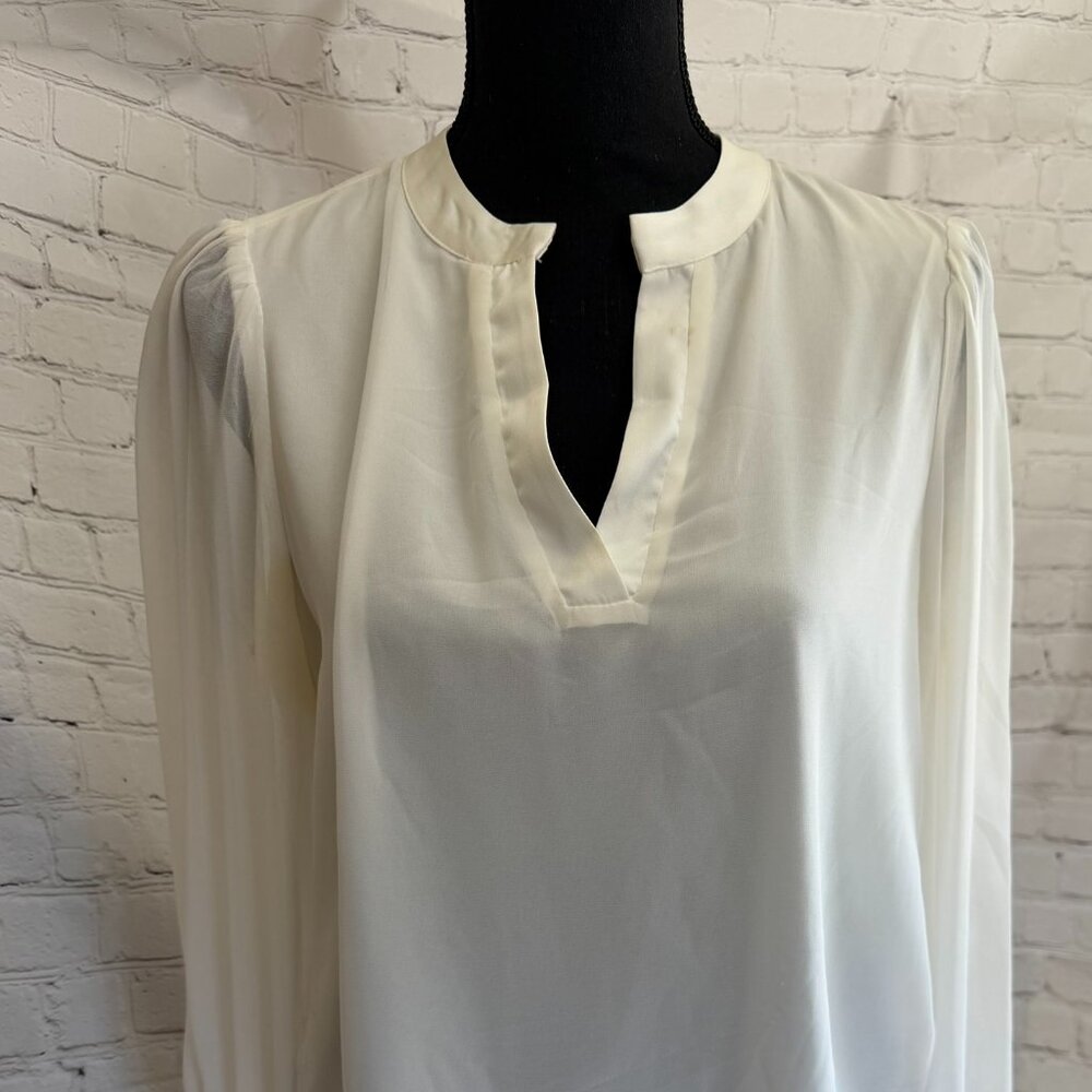 CeCe Ivory Cream Chiffon Blouse | Size M | Split Neck | Ruffle Cuffs